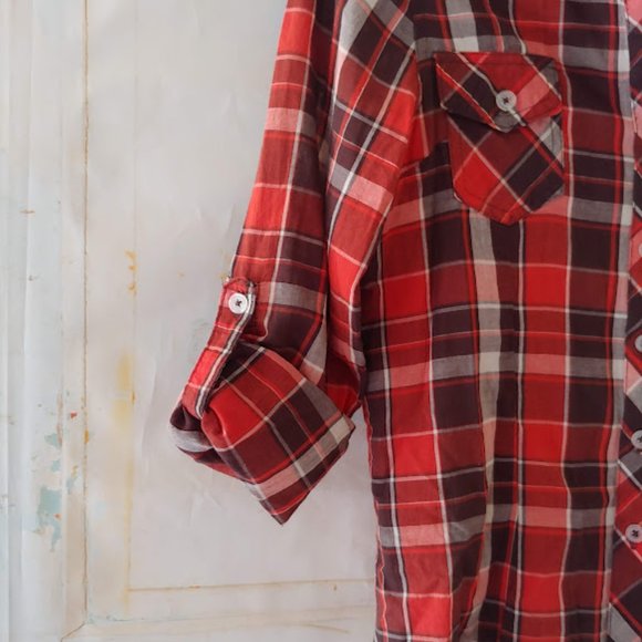 Ambiance apparel plaid short/long sleeve button collared shirt/top/S/orange brwn - Picture 2 of 7